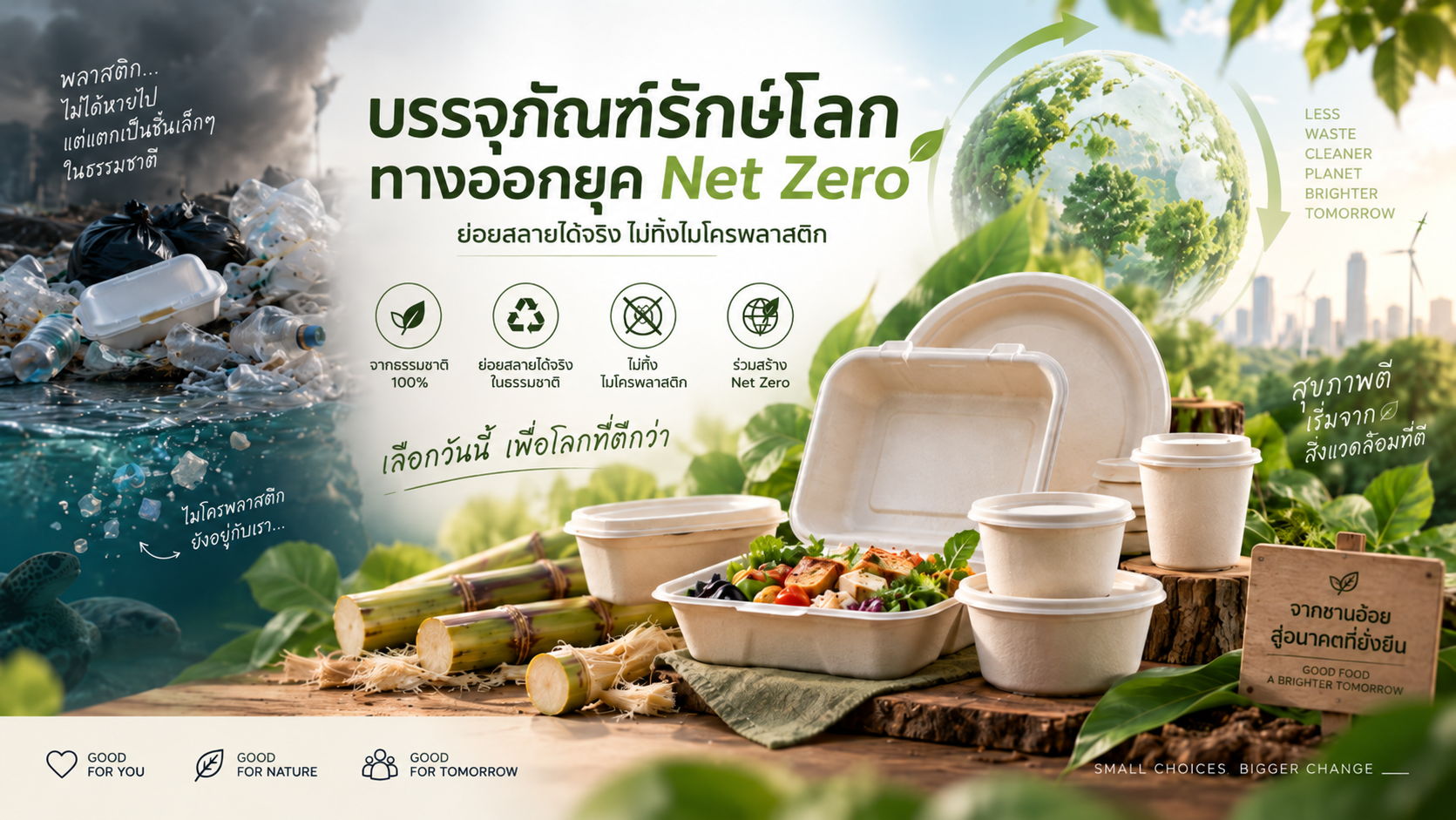 บรรจุภัณฑ์รักษ์โลก ทางออกยุค Net Zero: เจาะลึกนวัตกรรมชานอ้อย ย่อยสลายได้จริง ไม่ทิ้งไมโครพลาสติก